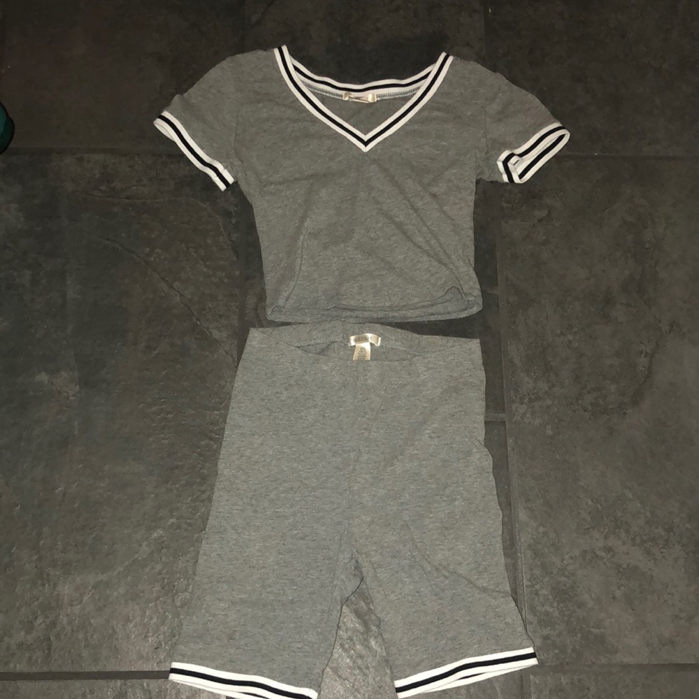 A gray biker short set